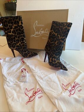 Christian Louboutin Astrilarge Leopard Hair Heel Boot Brown Black Mid calf Sz 10